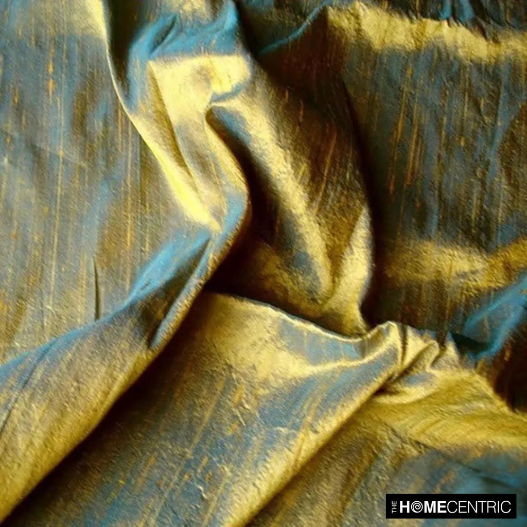 Turquoise, Gold Silk Dupioni Fabric By The Metre