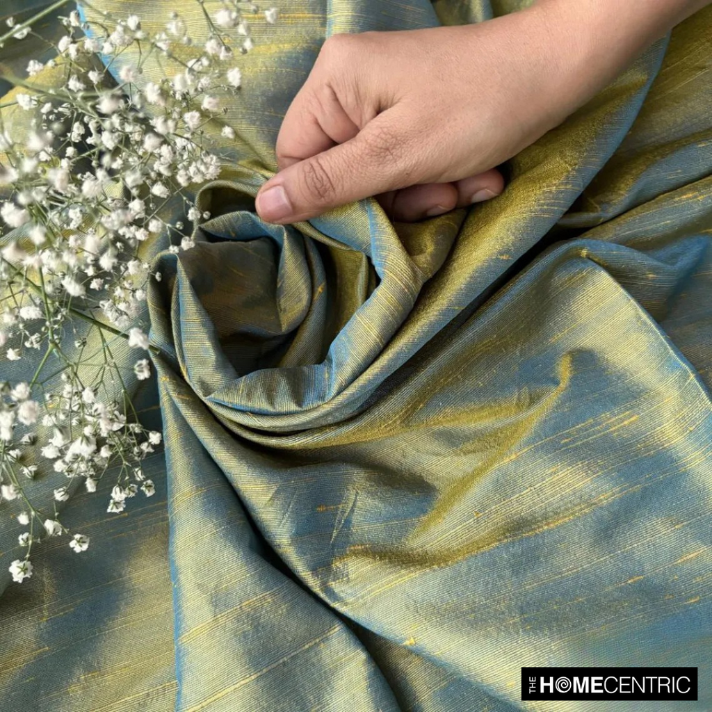 Turquoise, Gold Silk Dupioni Fabric By The Metre