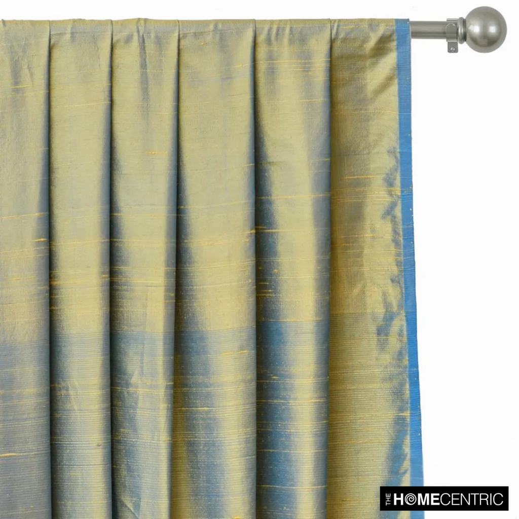 Turquoise, Gold Silk Dupioni Fabric By The Metre