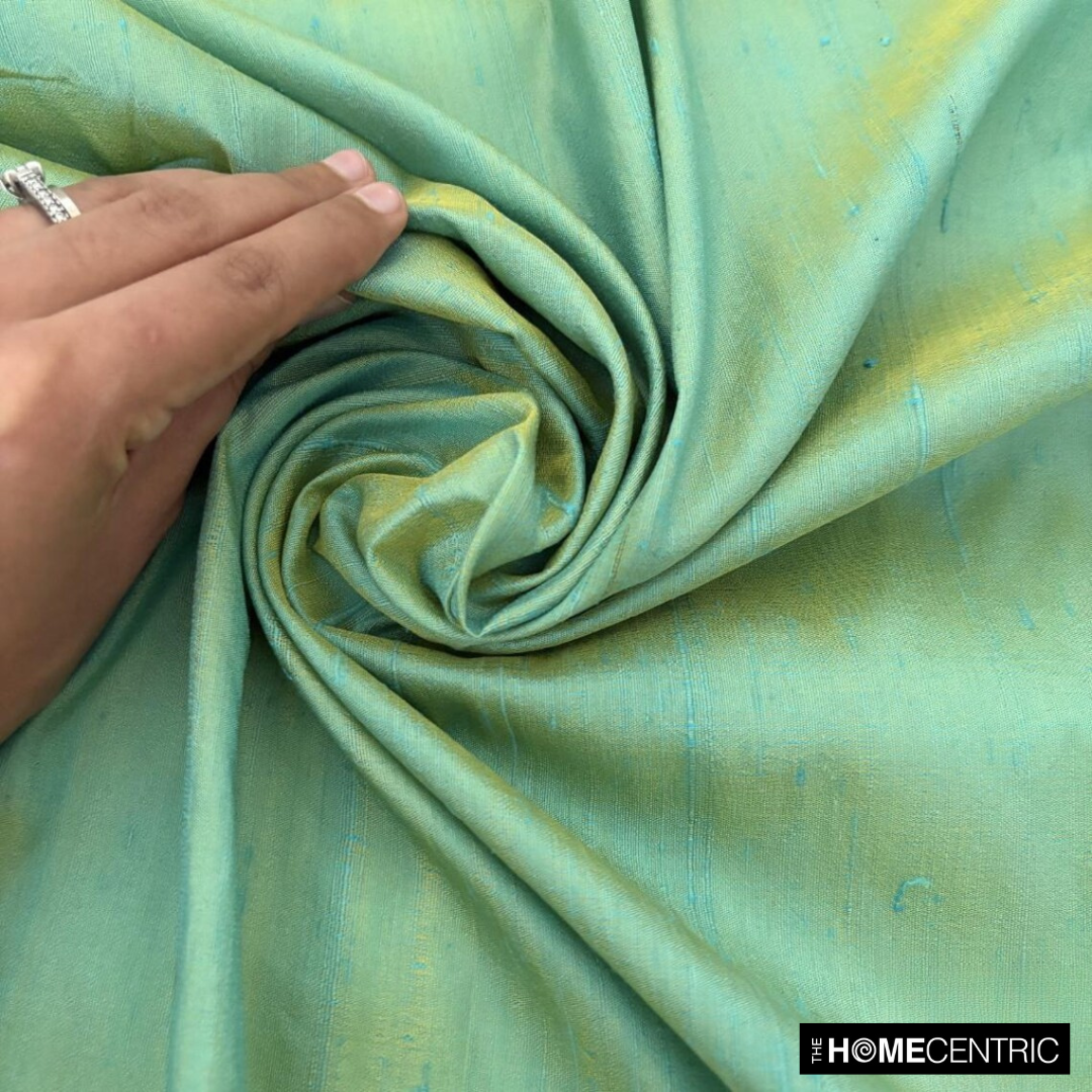 Sea Blue, Gold Silk Dupioni Fabric By The Metre
