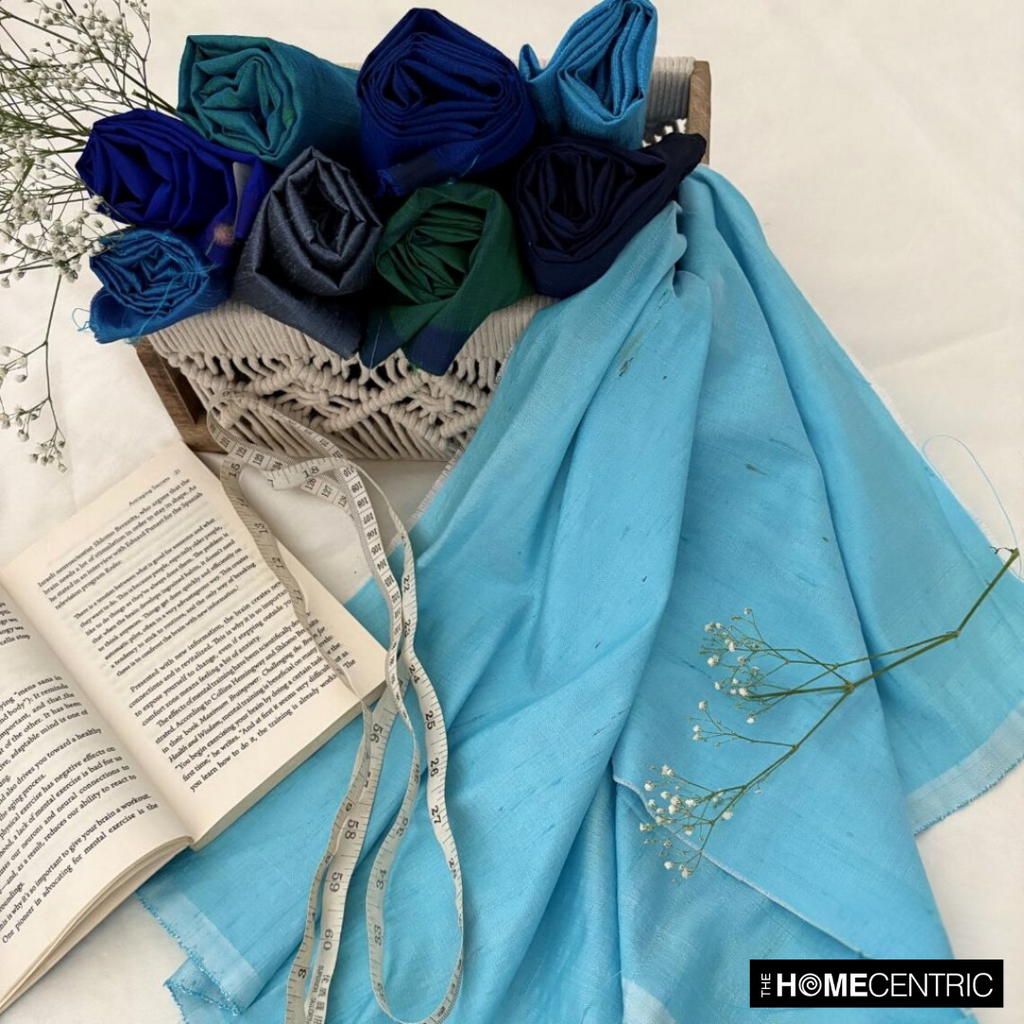 Blue, Turquoise Silk Dupioni Fabric By The Metre