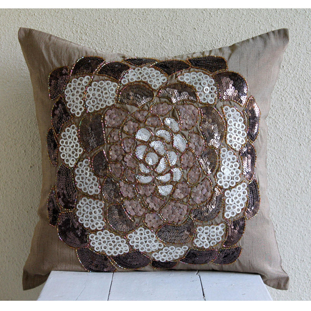 Brown Wildflower - Brown Art Silk Throw Pillow Cover