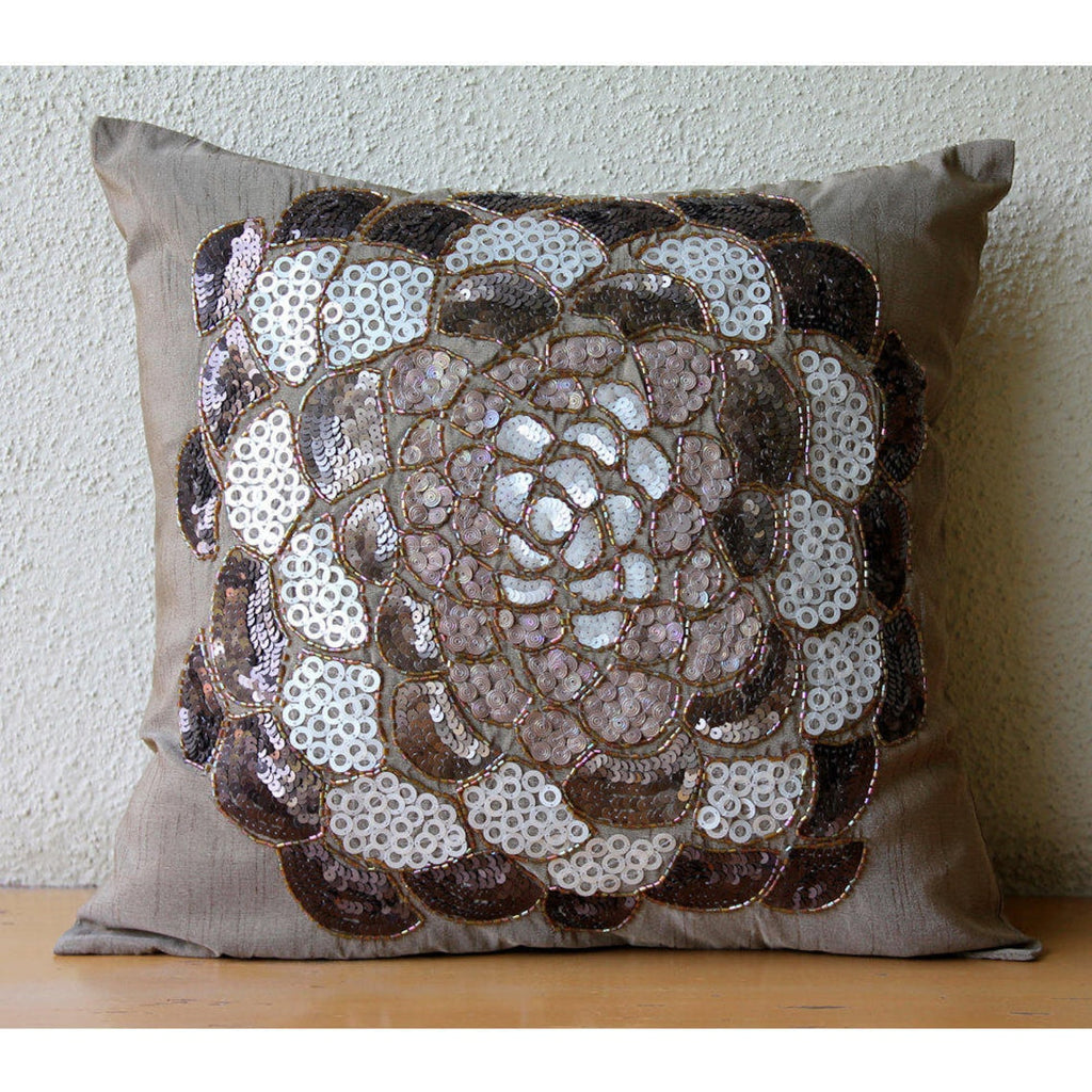 Brown Wildflower - Brown Art Silk Throw Pillow Cover