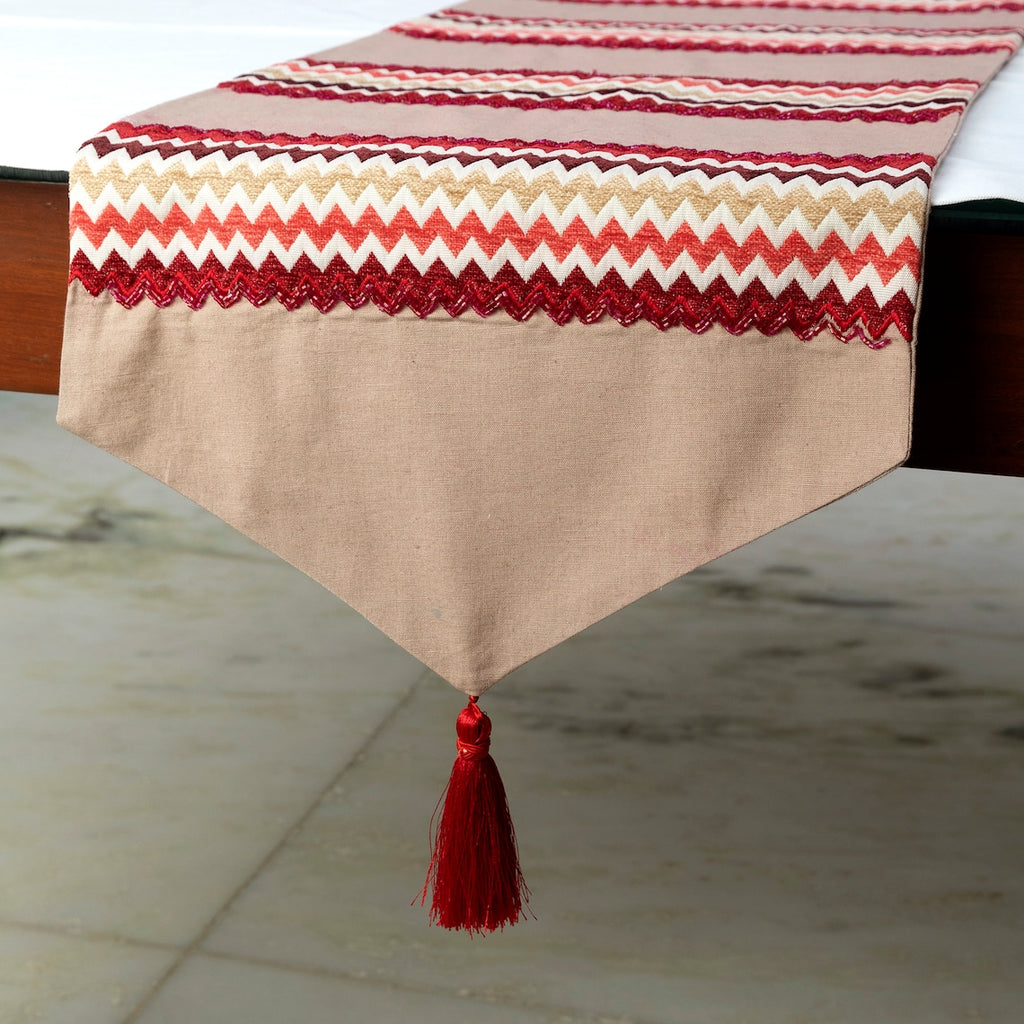 Chevron Bar - Red Linen & Jacquard Silk Decorative Table Runner
