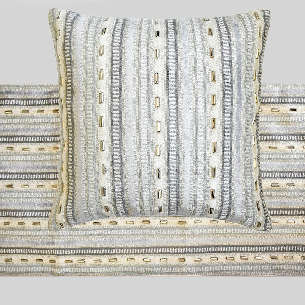 Timeless Stripes - Velvet Gray, Blue Decorative Bed Runner and Cushion Cover