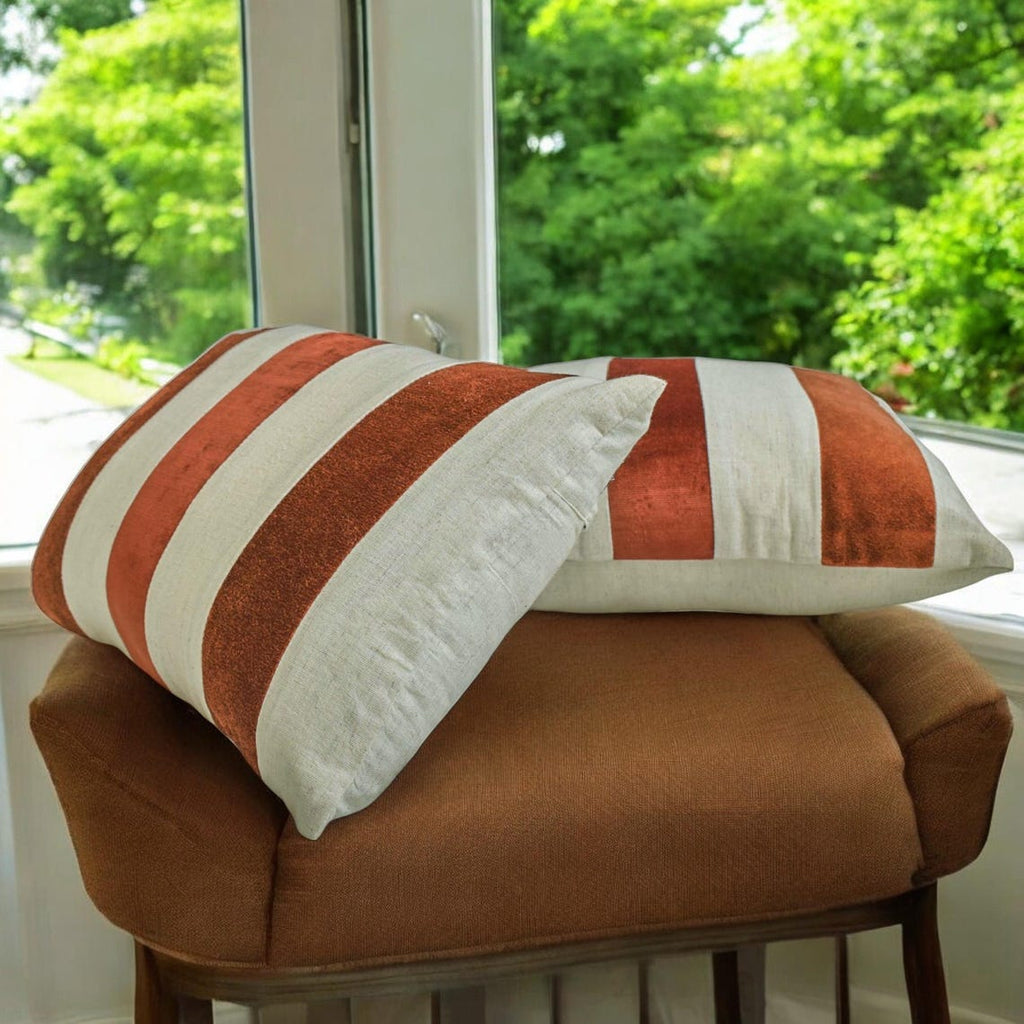 Swathe Orange - Orange Velvet & Linen Lumbar Cushion Cover