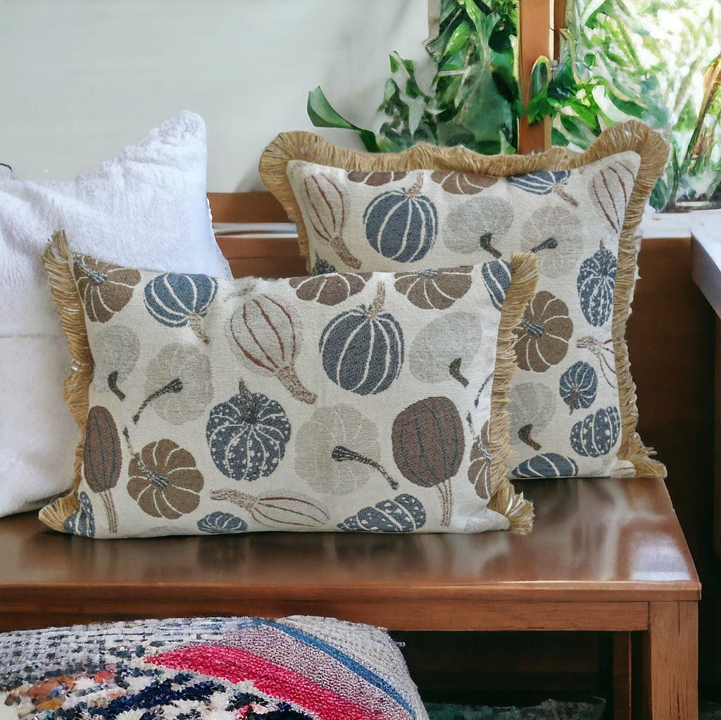 Blue Harvest Pumpkin - Blue Woven Jacquard Decorative Lumbar  Cushion Cover