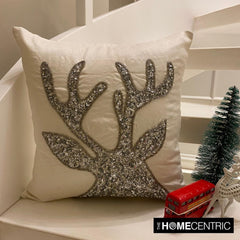 Sequined Antlers - White & Silver Silk Decorative Throw Cushion Cover