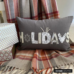 Holiday Season - Gray Linen Decorative Word Lumbar Cushion Cover