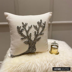 Dazzling Deer - White & Silver Linen Decorative Throw Cushion Cover