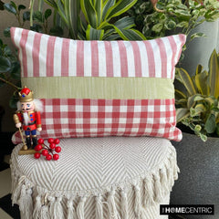 Red Merry Grid - Red Cotton Decorative Lumbar Cushion Cover
