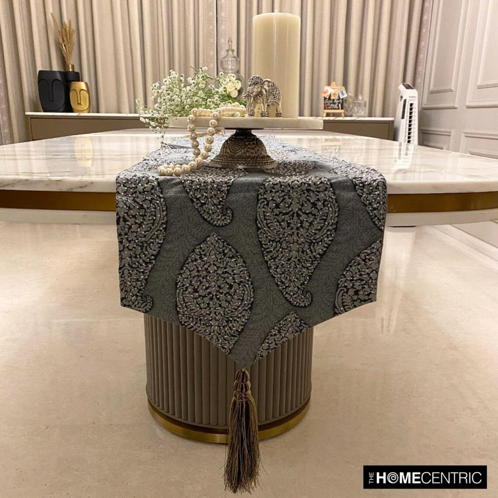 Celestial Paisley - Grey Jacquard Silk Decorative Table Runner