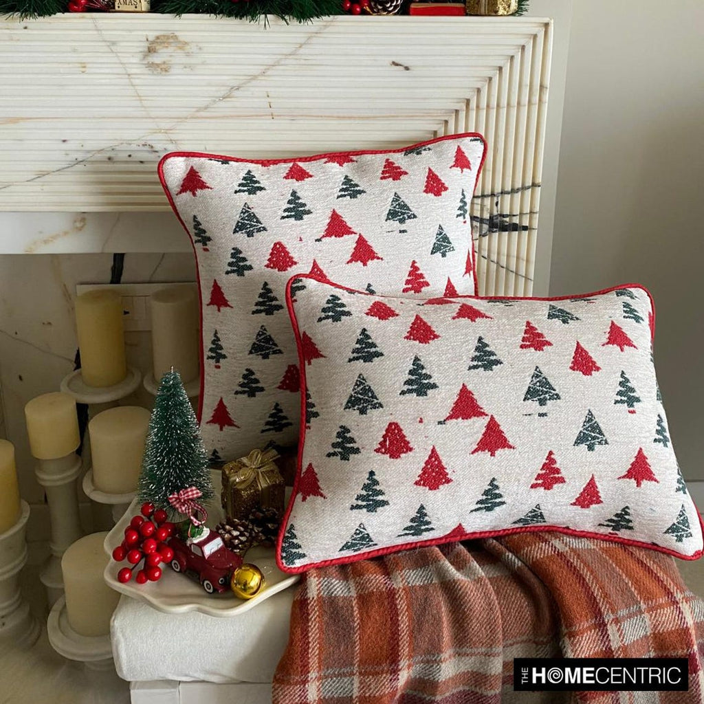 Cheery Pine - Red Jacquard Woven Decorative  Throw Cushion Cover