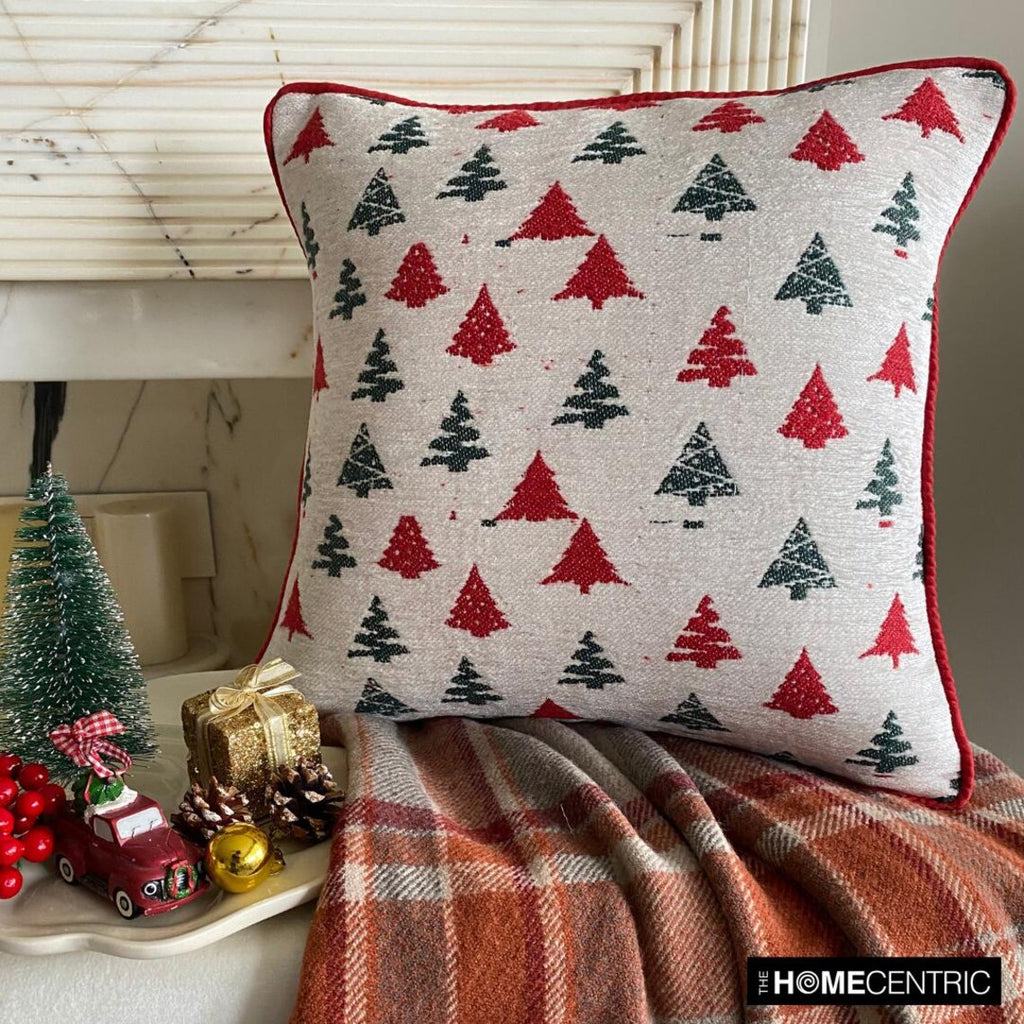 Cheery Pine - Red Jacquard Woven Decorative  Throw Cushion Cover