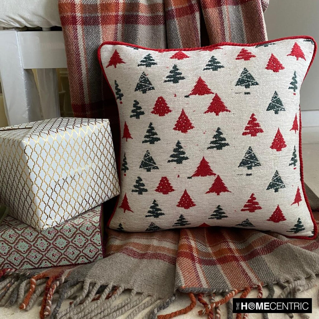 Cheery Pine - Red Jacquard Woven Decorative  Throw Cushion Cover