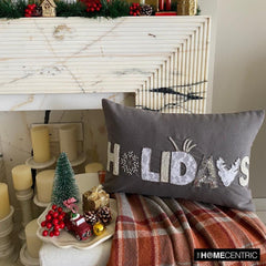 Holiday Season - Gray Linen Decorative Word Lumbar Cushion Cover