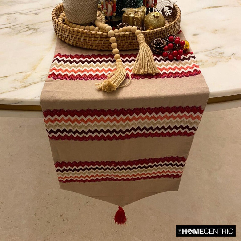 Chevron Bar - Red Linen & Jacquard Silk Decorative Table Runner