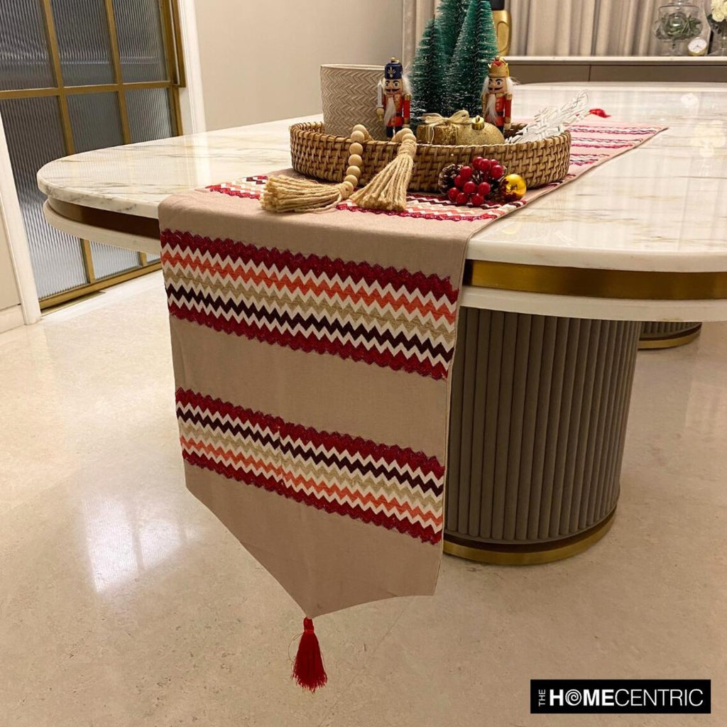 Chevron Bar - Red Linen & Jacquard Silk Decorative Table Runner