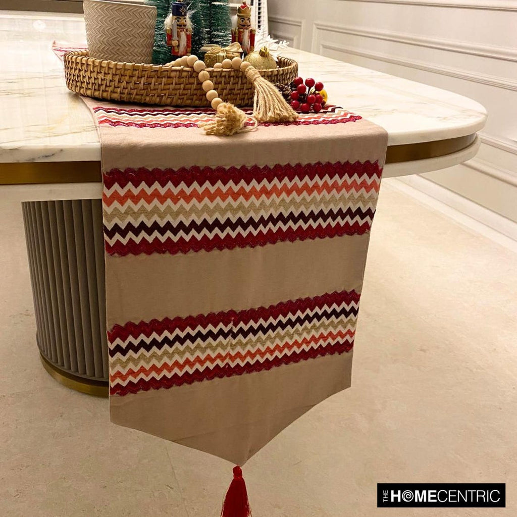 Chevron Bar - Red Linen & Jacquard Silk Decorative Table Runner