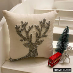 Dazzling Deer - White & Silver Linen Decorative Throw Cushion Cover