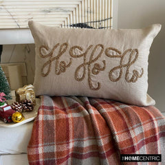 Ho Ho Ho - Gold Linen Christmas Ho Ho Ho Lumbar Cushion Cover