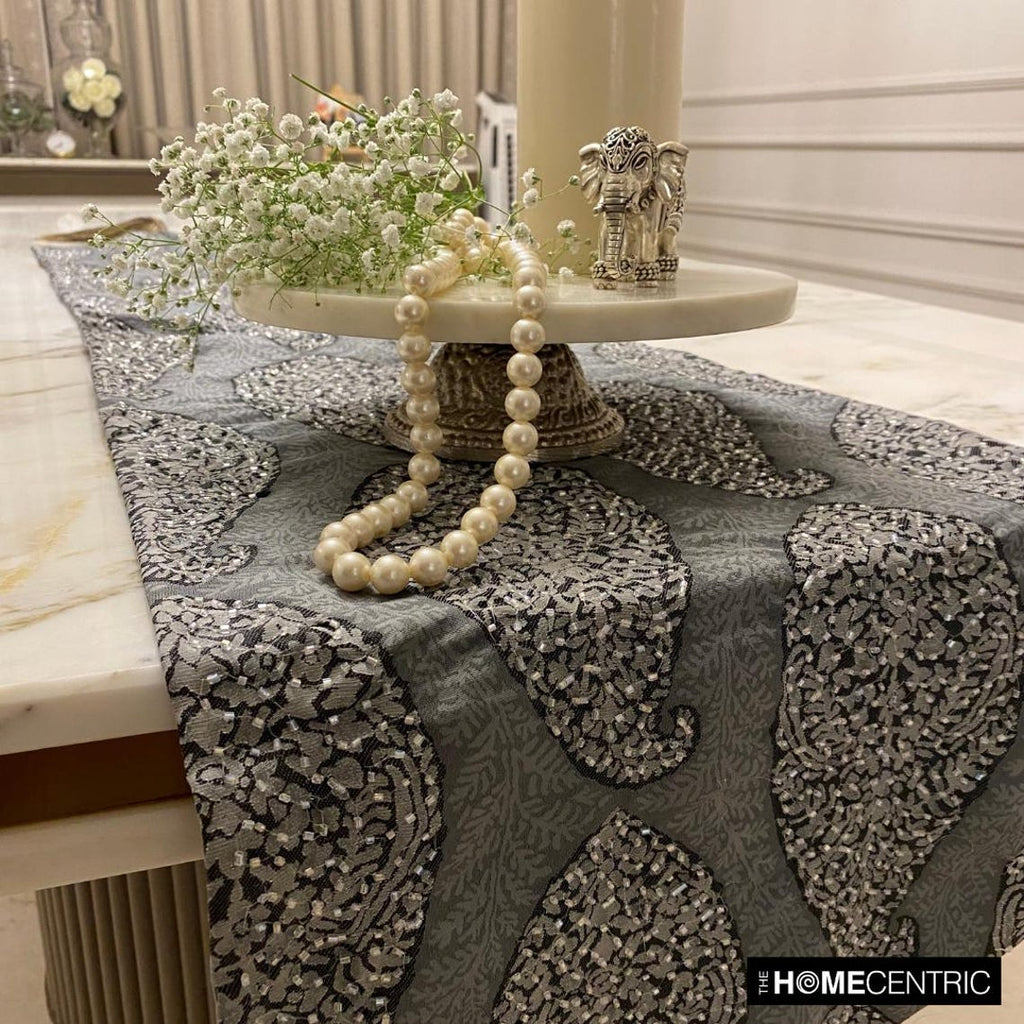 Celestial Paisley - Grey Jacquard Silk Decorative Table Runner