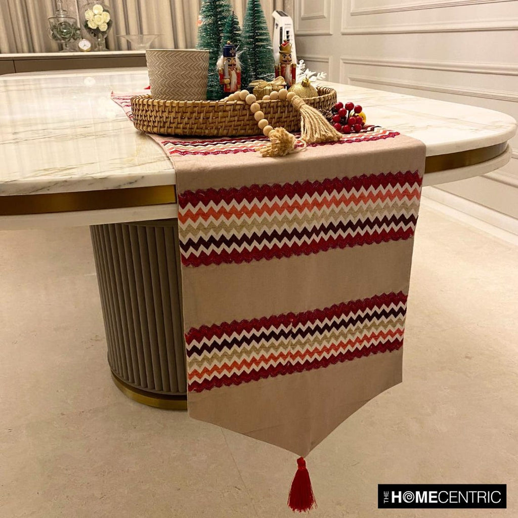 Chevron Bar - Red Linen & Jacquard Silk Decorative Table Runner