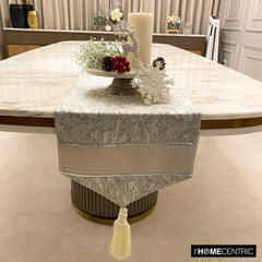 Leather Luminance - Silver Faux Leather & Jacquard Decorative Table Runner