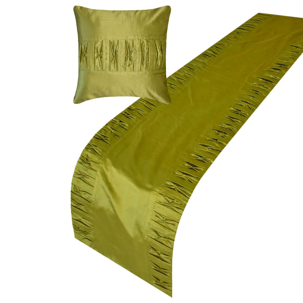Chartreuse Folds - Satin Chartreuse Green Decorative Bed Runner and Cushion Cover