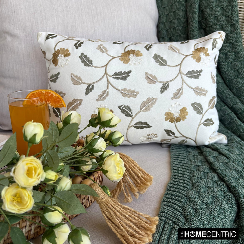 Buttercup Bloom - White Cotton  Lumbar Cushion Cover