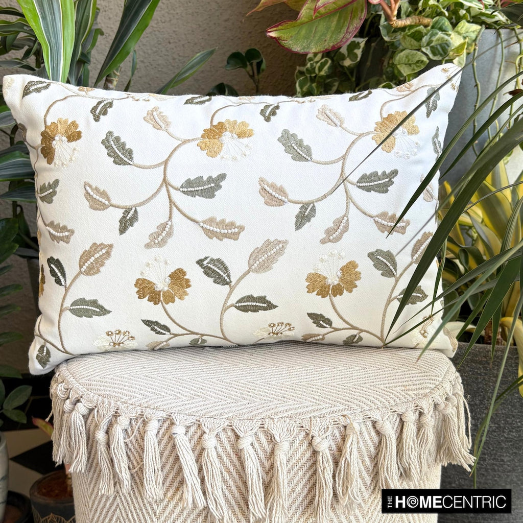 Buttercup Bloom - White Cotton  Lumbar Cushion Cover
