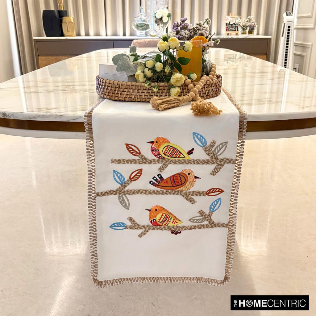 Chirping Charm - White Cotton Decorative Table Runner