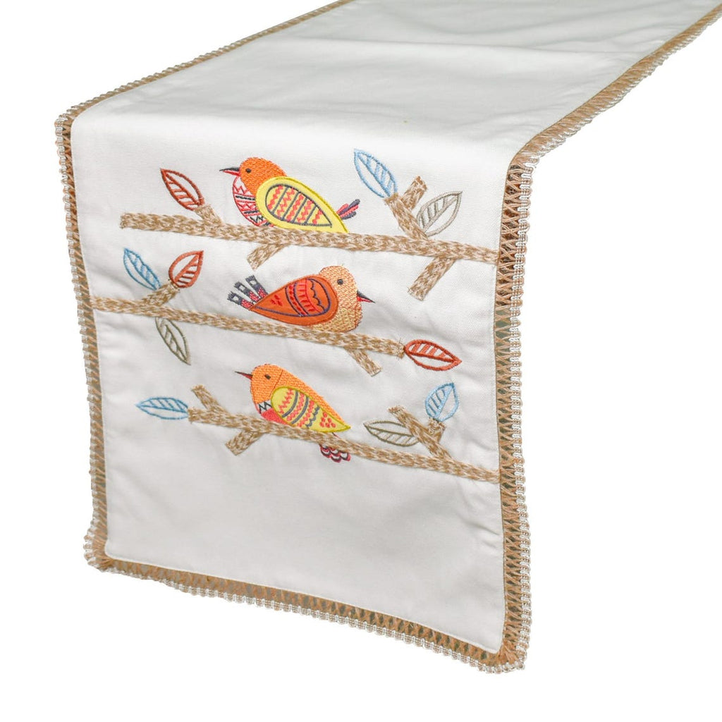 Chirping Charm - White Cotton Decorative Table Runner
