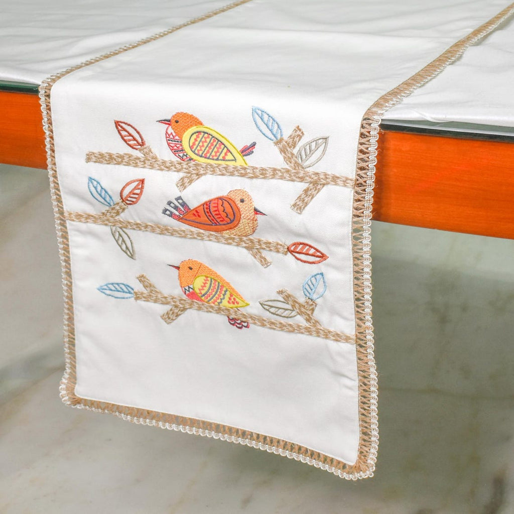 Chirping Charm - White Cotton Decorative Table Runner