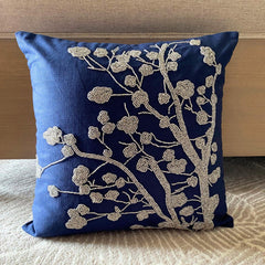 Silver Magnolia - Navy Blue Cotton Linen Throw Pillow Cover