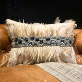 Rhinestone Feathers - Beige Linen Lumbar Pillow Cover
