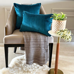 Petrol Blue Velvet Lumbar Cushion Cover - Petrol Blue Ribbed