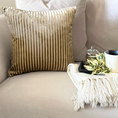 Beige Velvet Throw Cushion Cover - Beige Lines