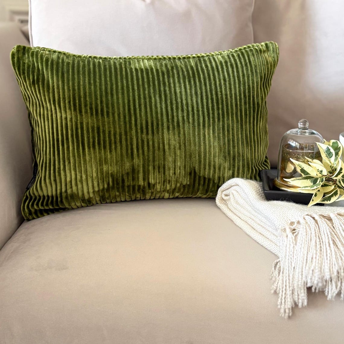 Green Ribbed Lumbar Cushion Cover