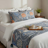Linen Blue Decorative Bed Runner and Cushion Cover - Peacock Willow