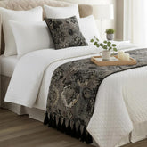 Black & Grey Velvet Decorative Bed Runner and Cushion Cover, Paved Damask