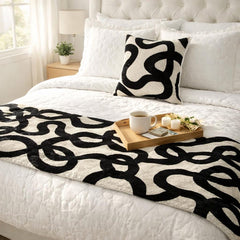 Noir Scroll - Cut Velvet Black Decorative Bed Runner and Cushion Cover