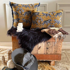 Ochre & Black Chenille Velvet Lumbar Cushion Cover - Twilight Prowl