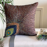 Peacock Sparkle - Brown Art Silk Throw Pillow Cover