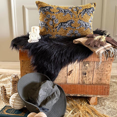 Ochre & Black Chenille Velvet Lumbar Cushion Cover - Twilight Prowl