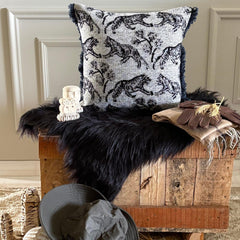 Black & Gray Chenille Velvet Throw Cushion Cover - Midnight Safari