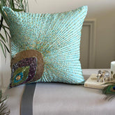 Peacock Grace - Aqua Blue Art Silk Throw Pillow Cover