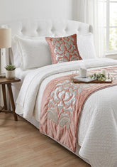 Peach & Ivory Velvet Decorative Bed Runner and Cushion Cover, Peach Elegance
