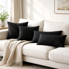 Set of 2 Black Linen Throw / Lumbar Cushion Cover - Black Linen