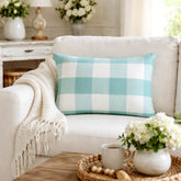 Aqua Plaid Play - Aqua Blue Cotton Lumbar Cushion Cover